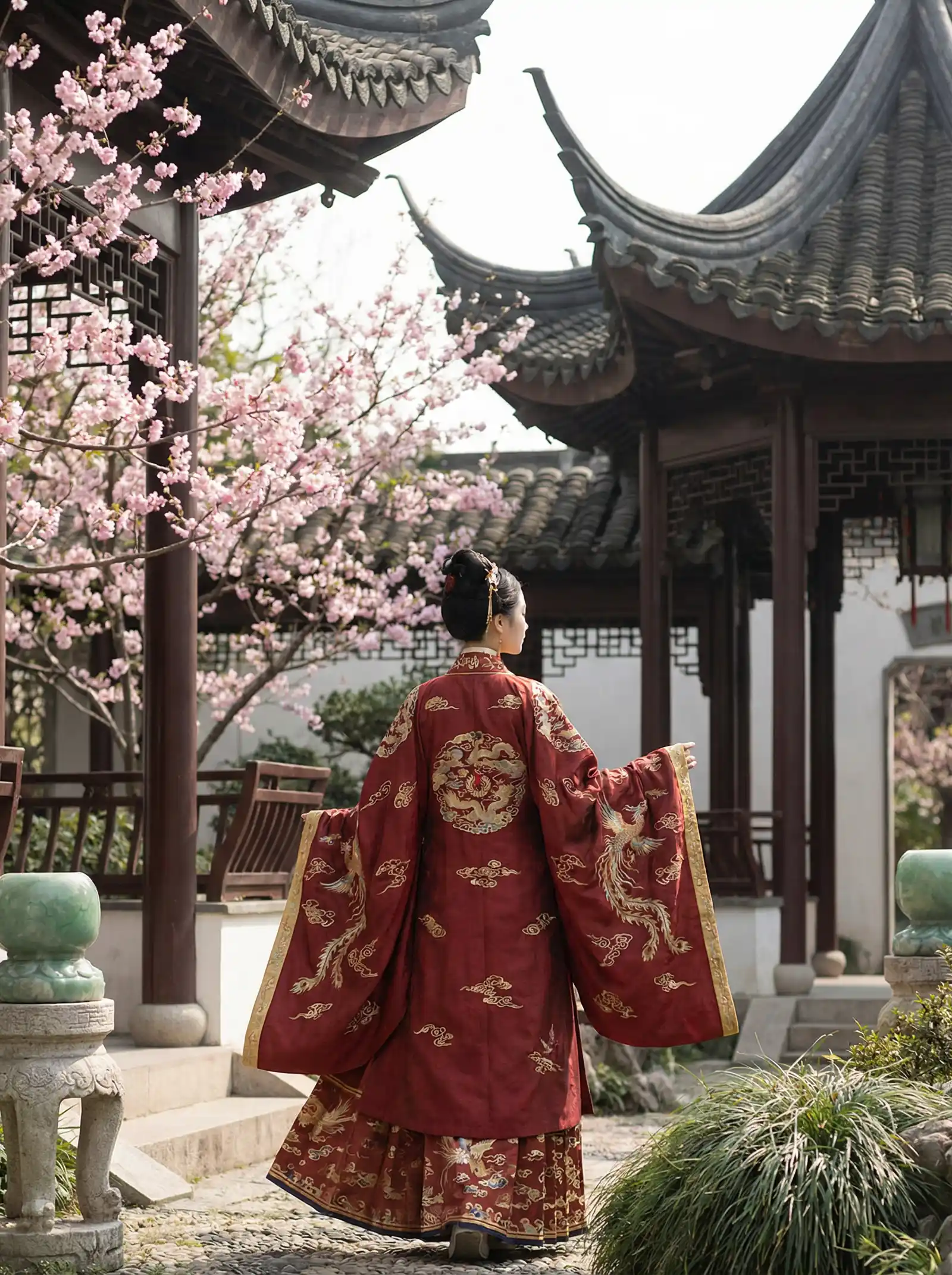 www.hanxiucao 明制汉服红色凤凰刺绣